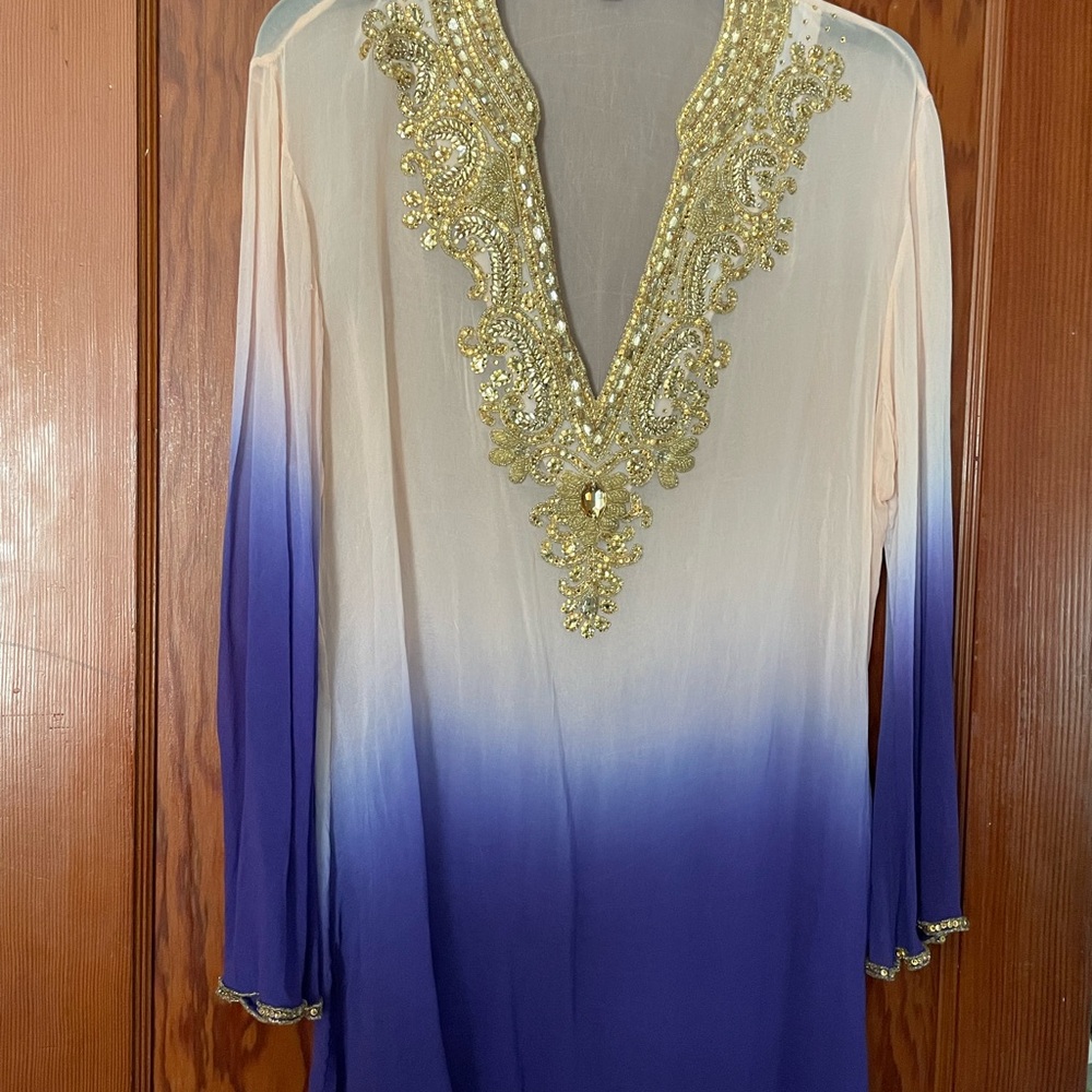 Elegant Gold Embellished Blue and Cream Women's Top